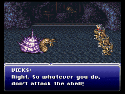 A fight scene from Final Fantasy III for the SNES
